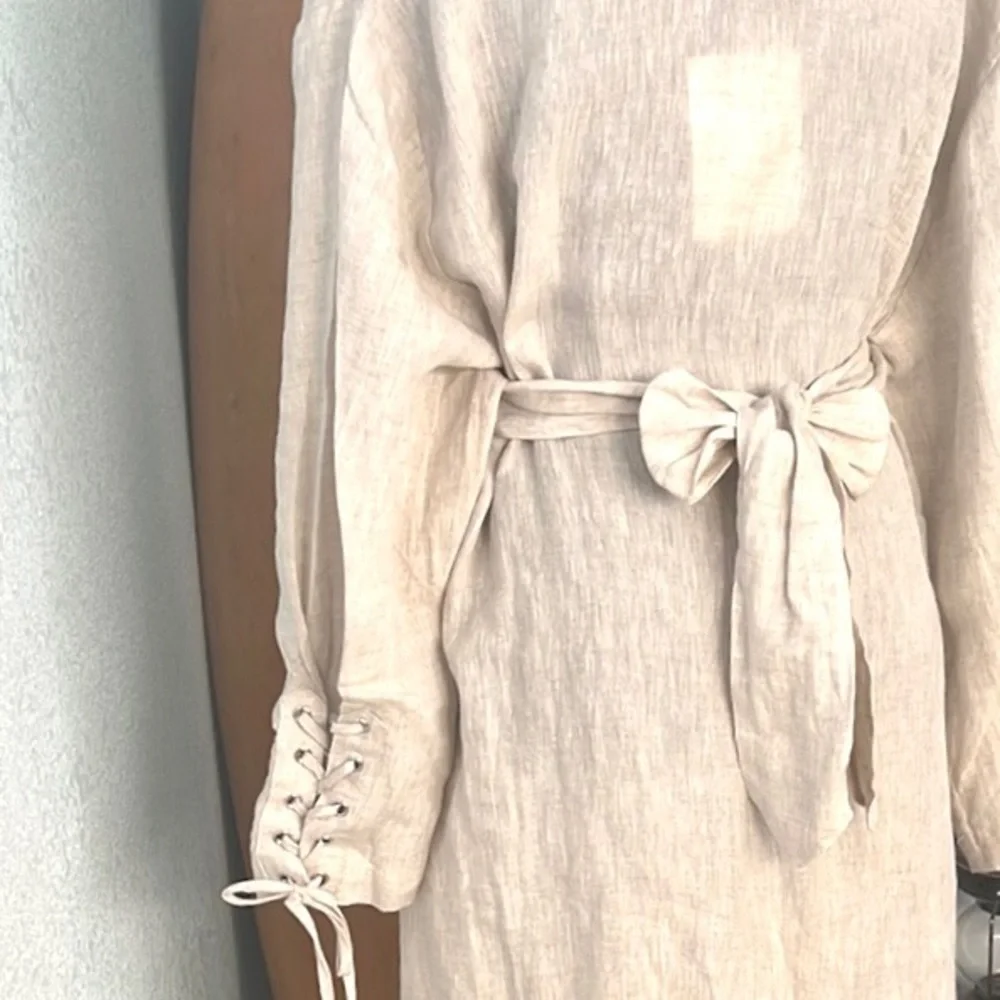 NWT, Fanco 100% Linen Beige Trench Dress Belted Lace-Up Cuff NWT Size S - Picture 4 of 16